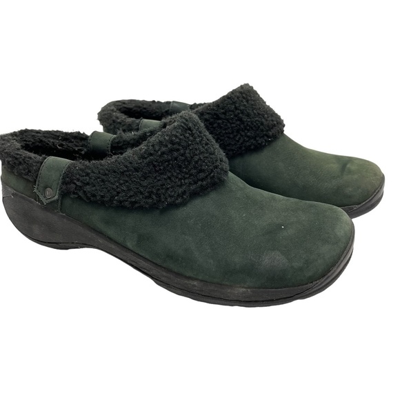 MERRELL ENCORE ICE SLIDE Slip On Mules Clogs Green Genuine Leather Shoes sz 7.5 - Picture 1 of 16